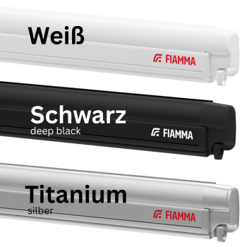 Preview: Fiamma F45s Markisengehäuse in Schwarz, Silber und Weiß mit Modellaufdruck, nebeneinander zur Farbauswahl dargestellt